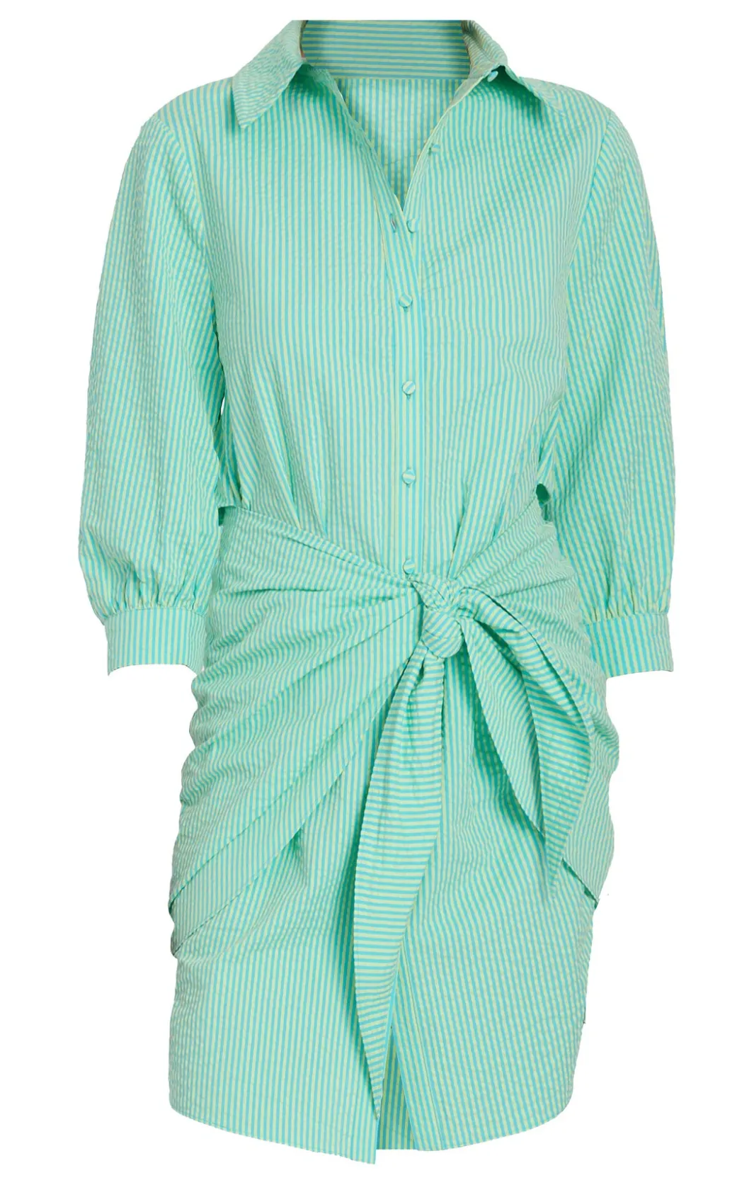 Mini<Cinq à Sept Striped Seersucker Three Quarter Sleeve Gaby Dress Cyan/LimaBean